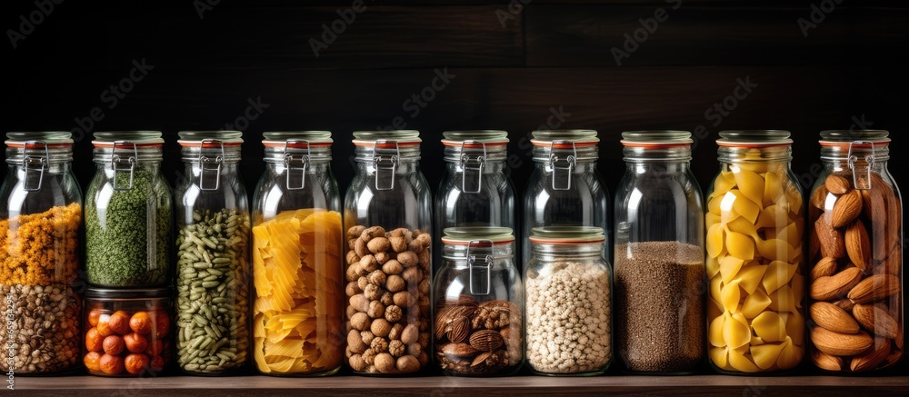 Glass jars in pantry for kitchen storage and organization of pasta grains and organic food Prepare nutritionally with glass containers for plastic free zero waste home cooking