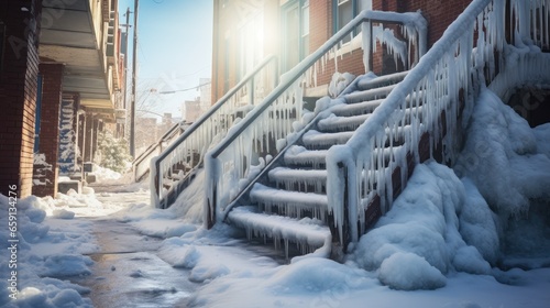 Urban winter hazards: Uncleaned, slippery stairs pose dangers as pedestrians brave icy conditions in the snowy cityscape. photo