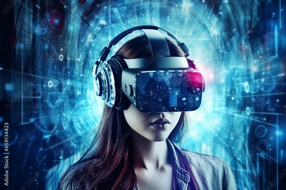 illustration, a woman wearing virtual reality glasses, high technology illustration, a woman wearing virtual reality glasses, high technology
