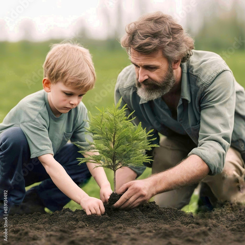 Padre e hijo plantando un árbol 