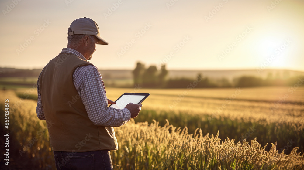 Senior Farmer with Tablet Monitoring Crop Field at Sunset Senior Farmer with Tablet Monitoring Crop Field at Sunset