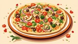  a pizza with various toppings on a plate on a table.  generative ai