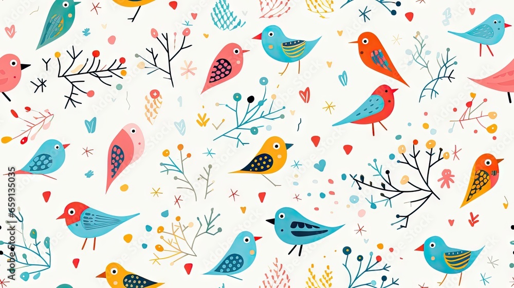 a pattern of colorful birds and branches on a white background. generative ai a pattern of colorful birds and branches on a white background. generative ai