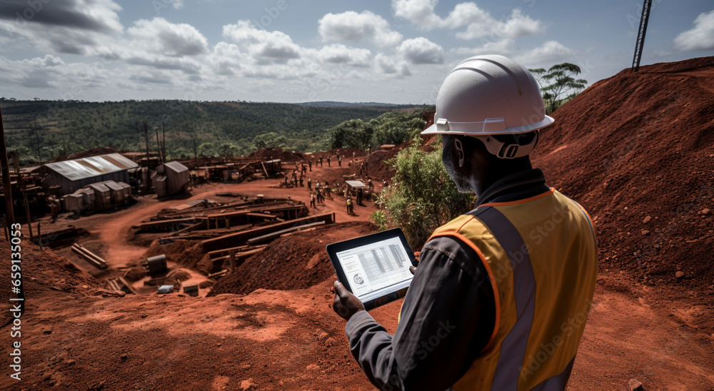 Man with helmet uses a digital tablet at a surface gold farm. Man with helmet uses a digital tablet at a surface gold farm.