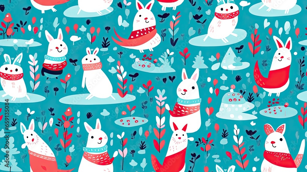 a blue background with rabbits in sweaters and plants on it. generative ai a blue background with rabbits in sweaters and plants on it. generative ai