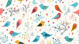  a pattern of colorful birds and branches on a white background.  generative ai