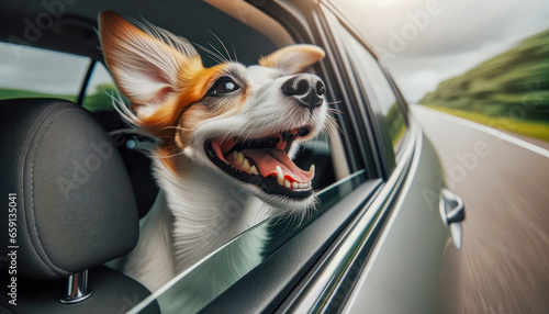 A dog, exuding happiness with its mouth open, gazes out of the rear window, taking in the surroundings and feeling the wind © Svitlovska