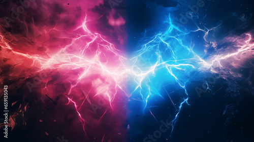 Abstract electric lightning in vivid blue and pink hues, symbolizing conflict and confrontation. Versus screen in gaming... © ckybe