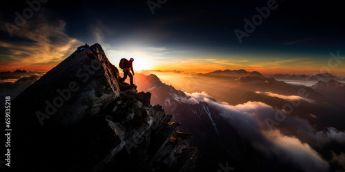 Summit Glory at Sunrise. An Epic Mountaineer's Triumph Over Nature's Challenge. Conquering the Alpine Dawn. Nature's Majestic Triumph