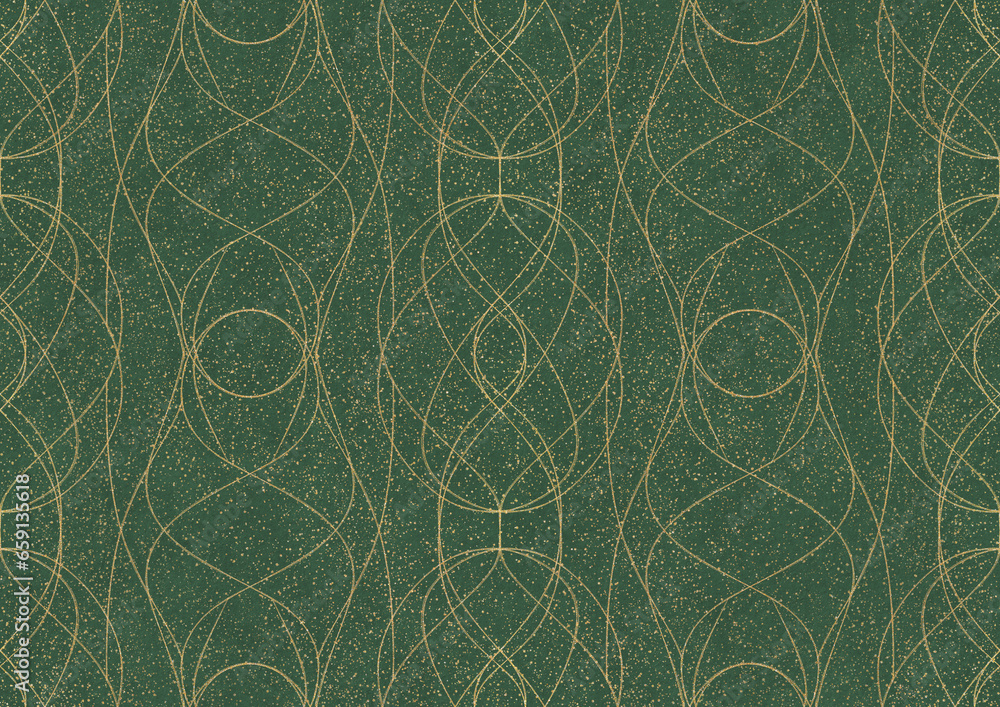Hand-drawn unique abstract symmetrical seamless gold ornament and splatters of golden glitter on a warm green background. Paper texture. Digital artwork, A4. (pattern: p10-1b) Hand-drawn unique abstract symmetrical seamless gold ornament and splatters of golden glitter on a warm green background. Paper texture. Digital artwork, A4. (pattern: p10-1b)