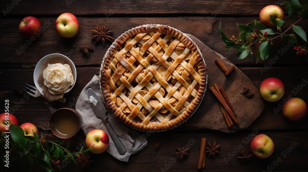 an apple pie on a wooden table surrounded by apples and cinnamon sticks. generative ai an apple pie on a wooden table surrounded by apples and cinnamon sticks. generative ai