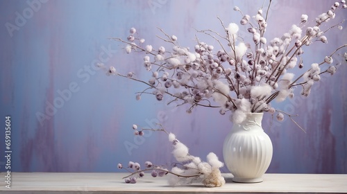  a white vase filled with white flowers on a wooden table. generative ai