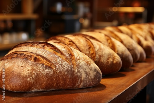 Golden Fresh loaves bread. Bakery pastry wheat. Generate Ai