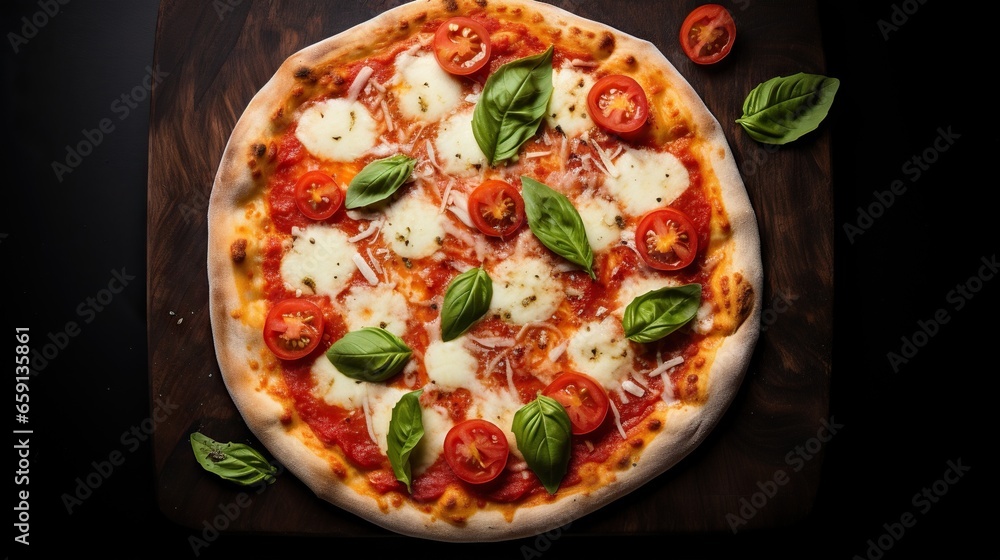 a pizza with tomatoes, cheese and basil on a cutting board. generative ai a pizza with tomatoes, cheese and basil on a cutting board. generative ai