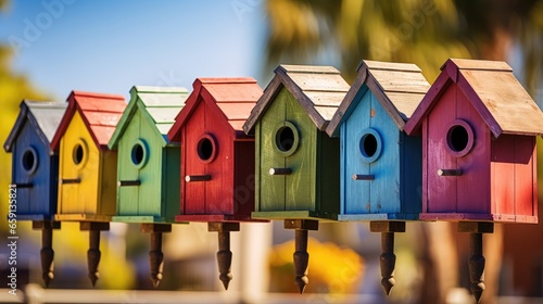 delightful collection of colorful bird houses lined up in a row, each one uniquely handcrafted. An inviting neighborhood for our feathered friends © pvl0707