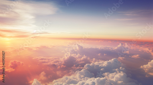Witnessing a magnificent sunset above a sea of clouds, with captivating light, from the vantage point of an airplane's cabin..