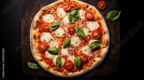  a pizza with tomatoes, cheese and basil on a cutting board. generative ai