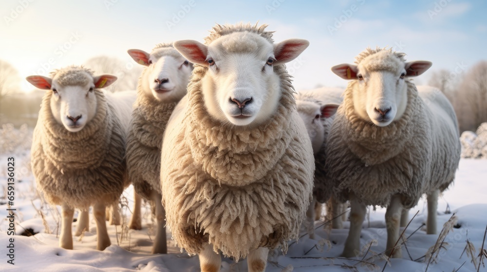 Fototapeta premium harmony of nature as a group of sheep, their woolly coats dusted with snow, roam freely in the frosty countryside. A tranquil winter's day on the farm