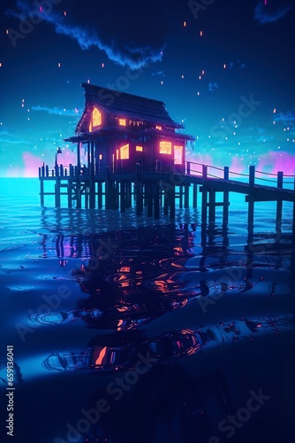 illustration  night seascape fantasy with lanterns and wood bridge