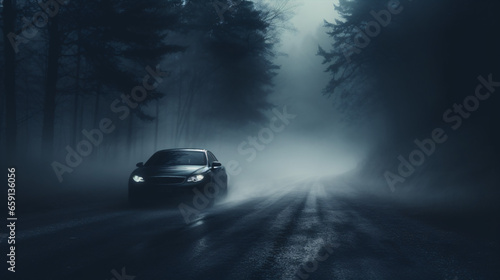 Challenging road conditions as a car ventures through thick fog at evening.. © ckybe