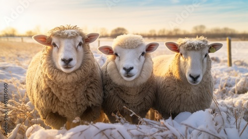 harmony of nature as a group of sheep, their woolly coats dusted with snow, roam freely in the frosty countryside. A tranquil winter's day on the farm