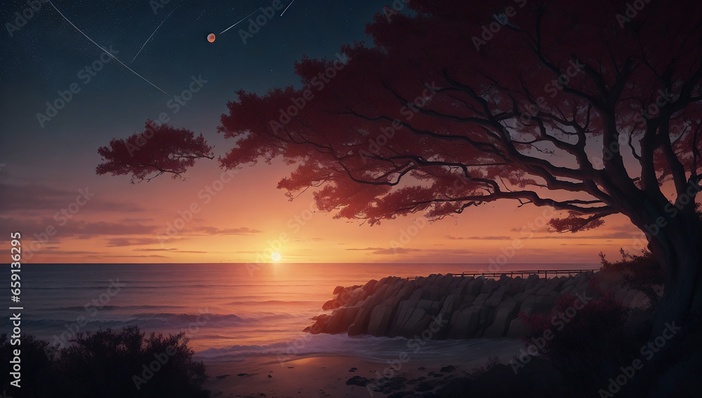 Setting sun by the sea with Japanese trees and stars in the sky - AI Generative Setting sun by the sea with Japanese trees and stars in the sky - AI Generative