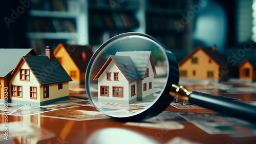 Searching for house lodging and property with magnifying glass. Hunt for new house or home: real estate loan, mortgage, investments, and housing development concept photo