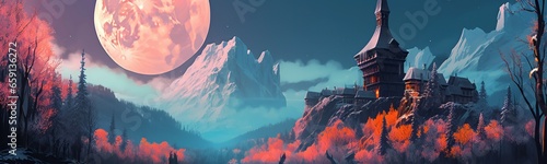 illustration, landscape with a mountain and a castle, fantasy, website header