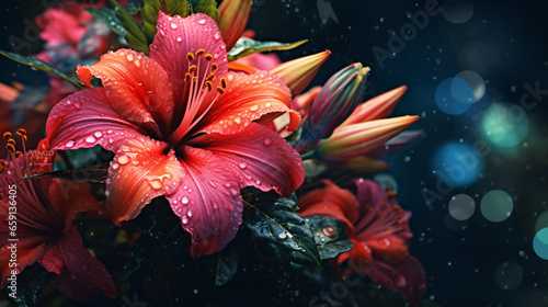 Vibrant hibiscus blossom against a lush, dark tropical backdrop..