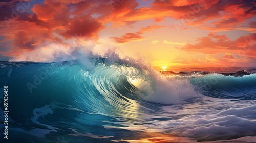 A vivid ocean wave with a crest of sea water, set against the backdrop of a stunning sunset and picturesque clouds.