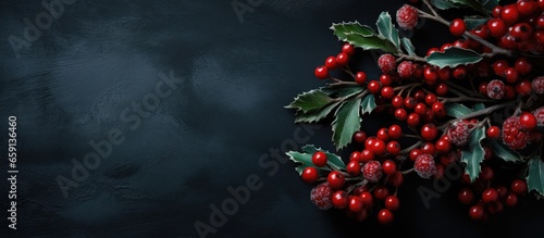 Festive decoration with evergreen branches and red berries on a dark backdrop