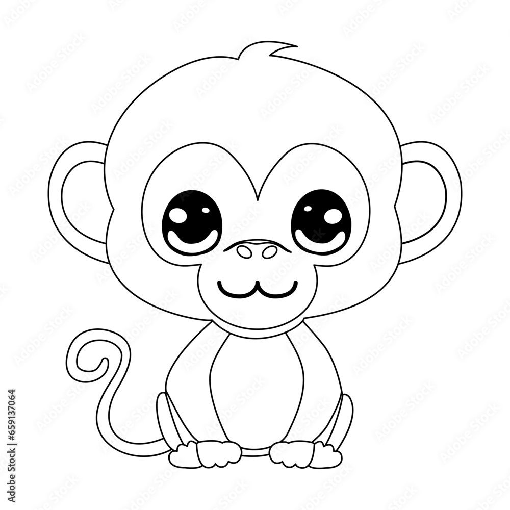 Line art illustration with cute monkey for colour book	