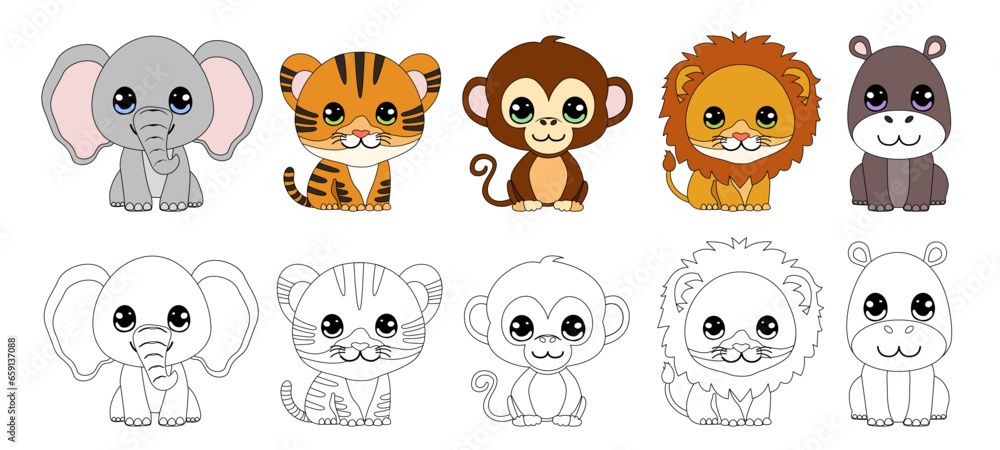 Cute cartoon Wild animals. Color and black white vector illustration for coloring book Cute cartoon Wild animals. Color and black white vector illustration for coloring book