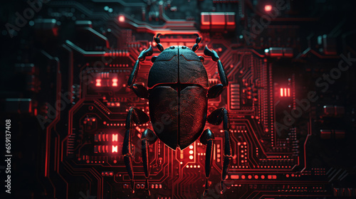 Red light glowing computer bug perched on microchip symbolizing threat of software bugs and elusive nature of zero day vulnerabilities in software security, critical bug in computer software program
