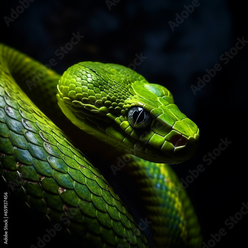 close-up portrait of green snake on black background, generative ai