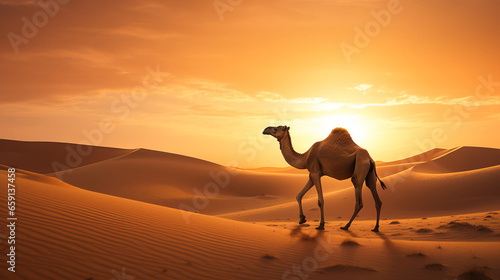 Lone camel stands of searing heat sandy desert watches at setting sun  camel symbolizes struggle against thirst  sweltering temperatures and unforgiving desert climate  endurance camel in desert