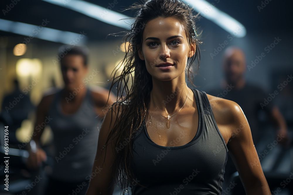 woman runs on a treadmill in the gym, healthy and healthy life, healthy food. she takes care of herself after the Christmas season. woman runs on a treadmill in the gym, healthy and healthy life, healthy food. she takes care of herself after the Christmas season.