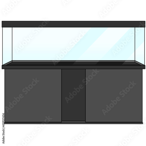 Aquarium Fish Tank and Cabinet sideboard, Clear Glass Fish Tank aquarium complete set. Aquarium with cover and base cabinet and filter graphic illustrations 