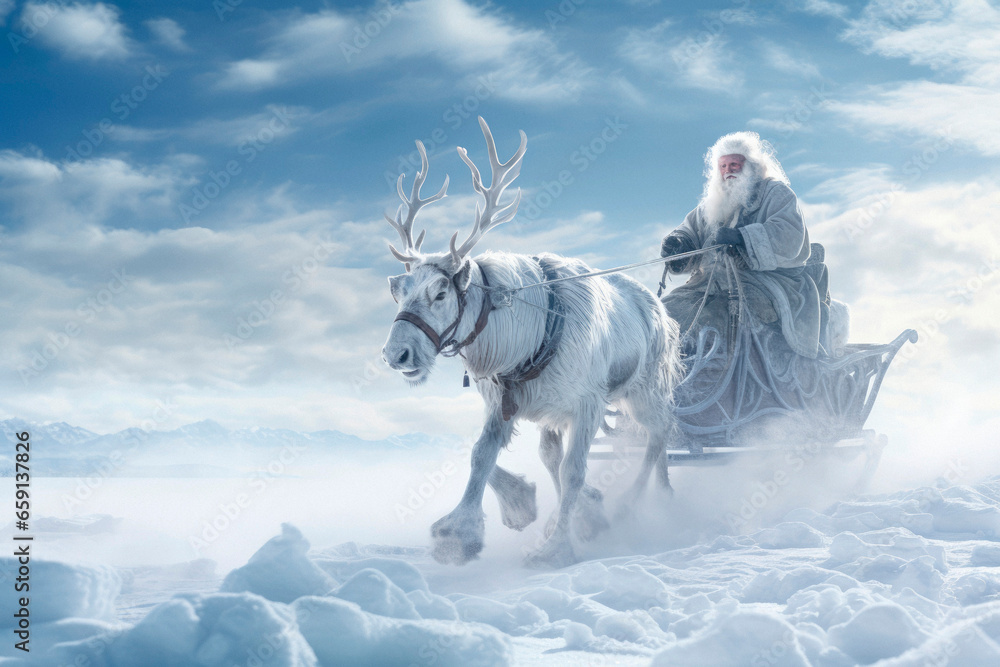Obraz premium Christmas Adventure: Santa's Sleigh Ride with Rudolph in Snowy Scenic