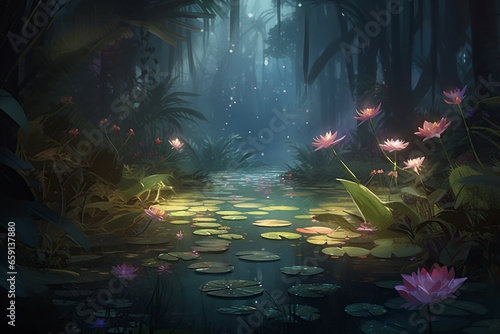 illustration, tropical forest with radiant fireflies