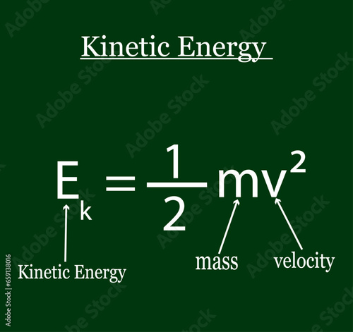 Kinetic energy formula, Kinetic Energy and Velocity equation. Vector illustration.
