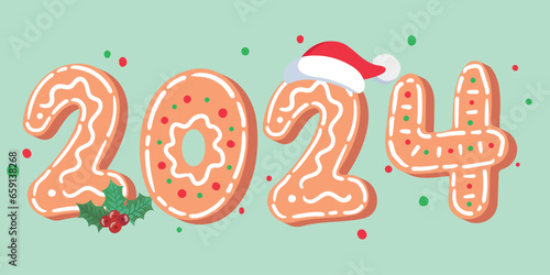 Festive christmas inscription 2024 from gingerbread cookies with icing. Vector illustration