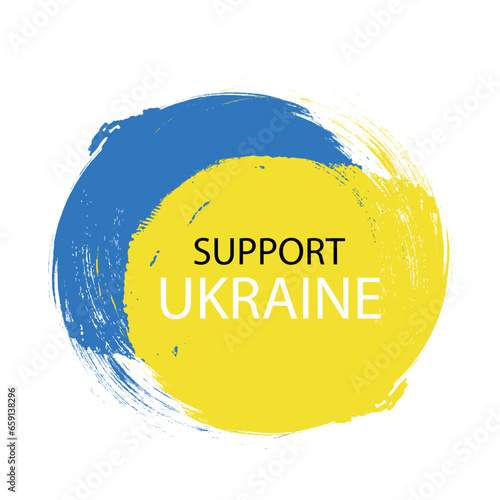 Support Ukraine text decorative country flag design.  Brush strokes of the Ukrainian flag