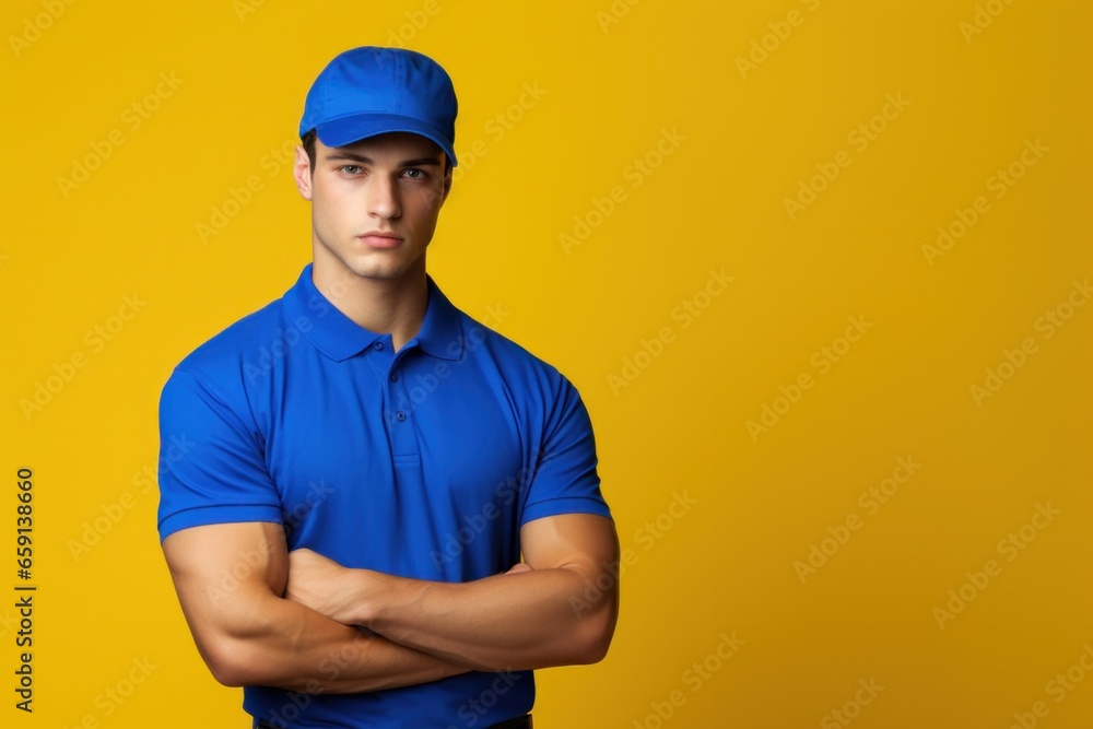 Delivery employee in blue cap and blank t-shirt posing on yellow studio background.