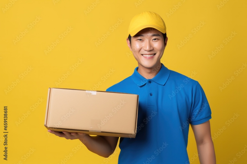 Smiling asian delivery man with cardboard box on yellow background isolated. Smiling asian delivery man with cardboard box on yellow background isolated.