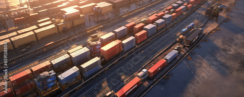 View of railway tracks in container cargo warehouse for transportation. Many freight trains at the train station. generative ai © Michal