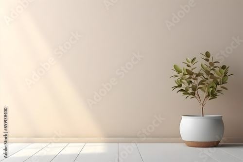 Plant and blurred shadows on wall, Minimal beige abstract background for product presentation. Mockup, copy space, empty space © mica