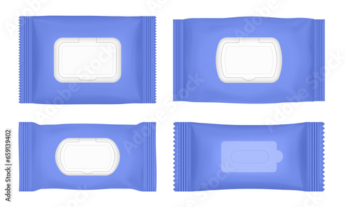 Wet wipes packaging with flap. Dark blue flow pack mockup. Pouch of wet toilet tissue. Antibacterial napkins.	