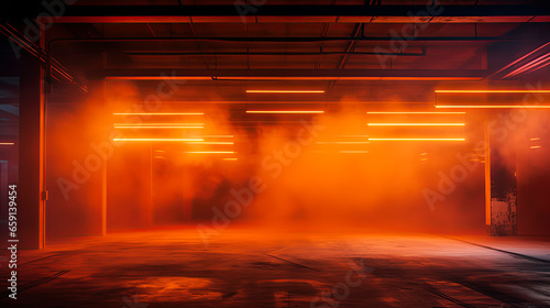 Empty illuminated underground parking lot with orange smoke and tube lights  