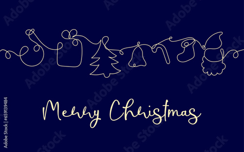 Christmas greeting card invitation for party in outline line art. Christmas tree, gift, bell, candy, santa. Vector illustration